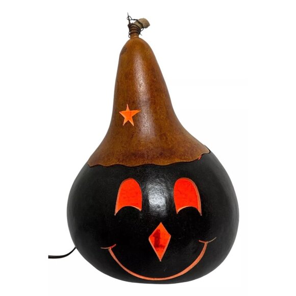 Vintage Gourd Lighted Orange & Black Pumpkin Halloween Hand Carved Folk Art Fall - Picture 8 of 13